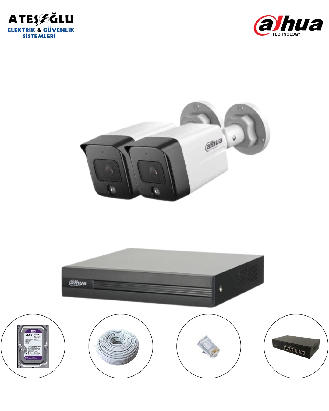 DAHUA 2 MP IP KAMERA SİSTEMİ 2 Lİ SET MONTAJ DAHİL