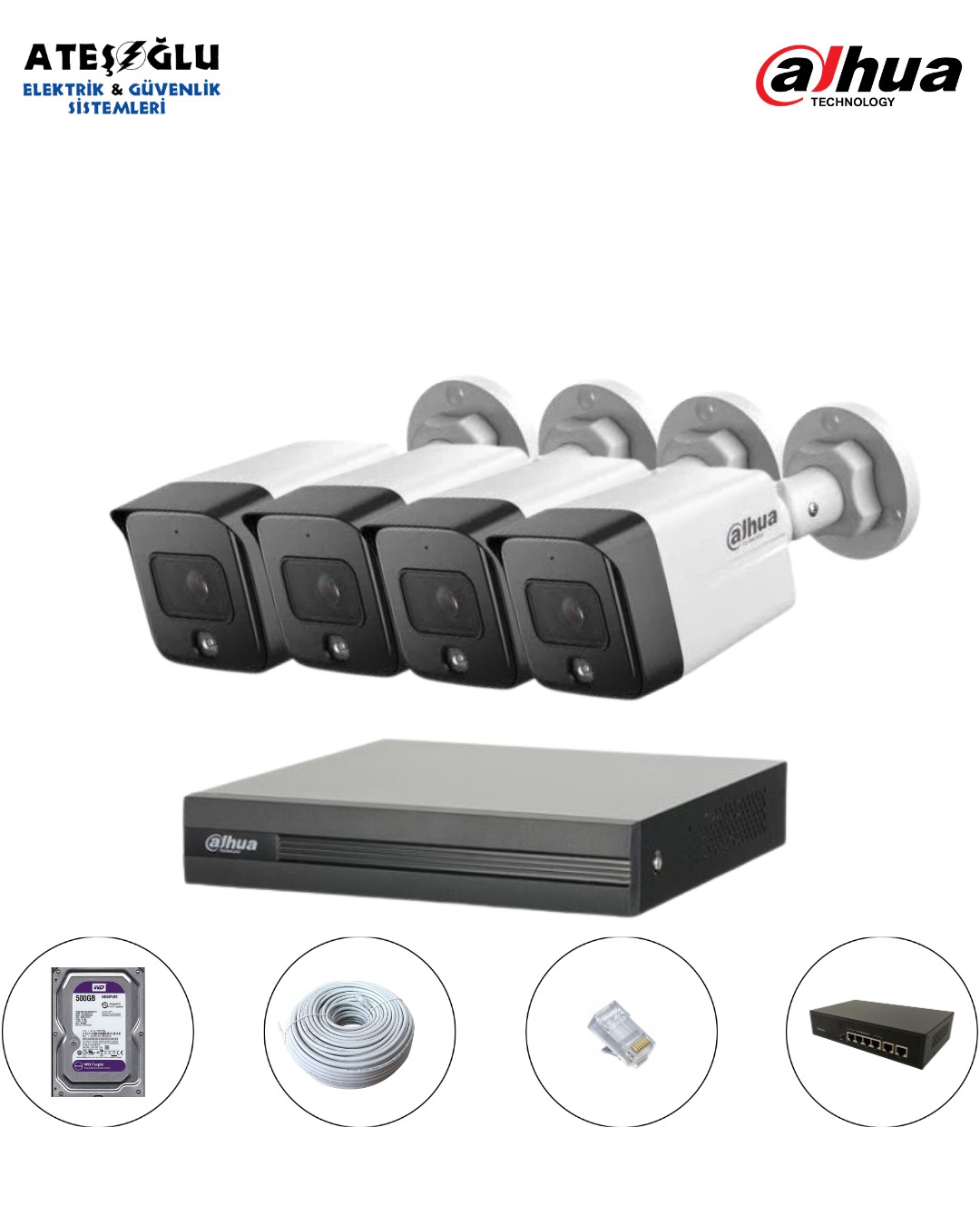 DAHUA 2 MP IP KAMERA SİSTEMİ 4 LÜ SET MONTAJ DAHİL