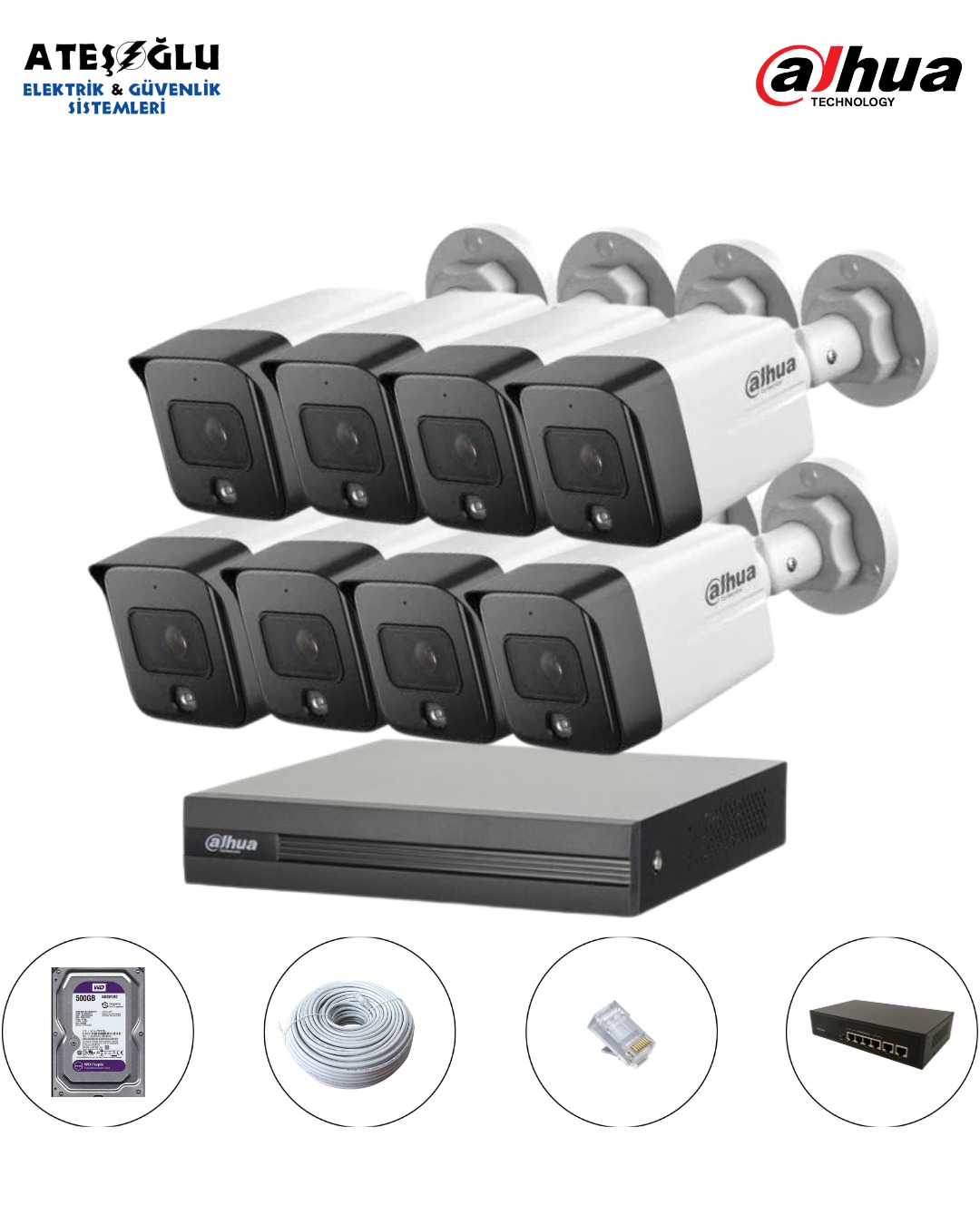 DAHUA 2 MP IP KAMERA SİSTEMİ 8 Li SET MONTAJ DAHİL